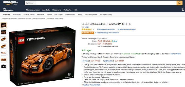 Amazon: LEGO Technic Porsche 911 GT3 RS (42056) für 199,98 Euro