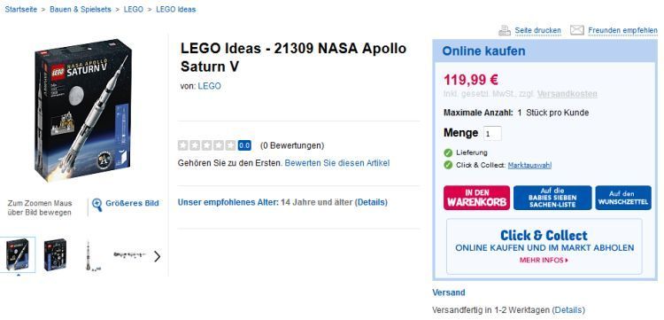 LEGO Ideas Apollo Saturn V (21309) im ToysRUs Online-Shop wieder bestellbar
