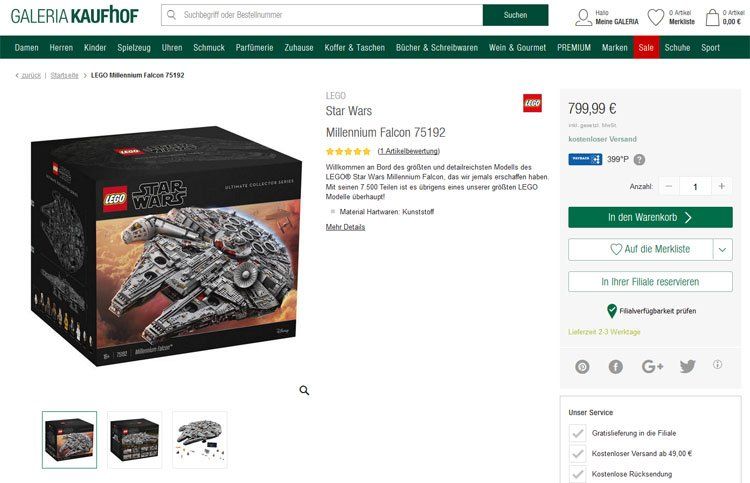 LEGO 75192 Star Wars UCS Millennium Falcon bei Galeria Kaufhof mit Rabatt