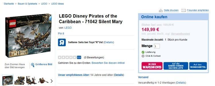 LEGO 71042 Pirates of the Caribbean Silent Mary für 149,99 Euro bei ToysRUs