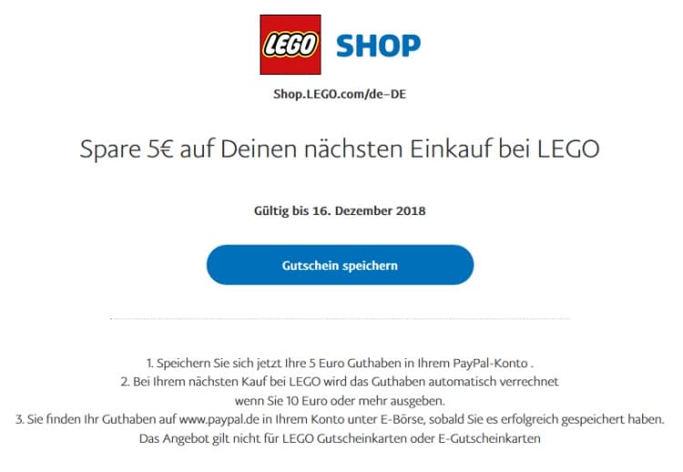 LEGO Online-Shop: Mit Paypal Gutschein 5 Euro beim nächsten Einkauf sparen