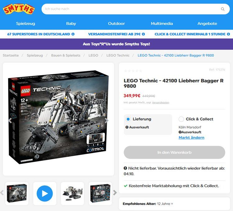 LEGO Technic 42100 Liebherr R 9800 für 349,99 Euro bei Smyth Toys