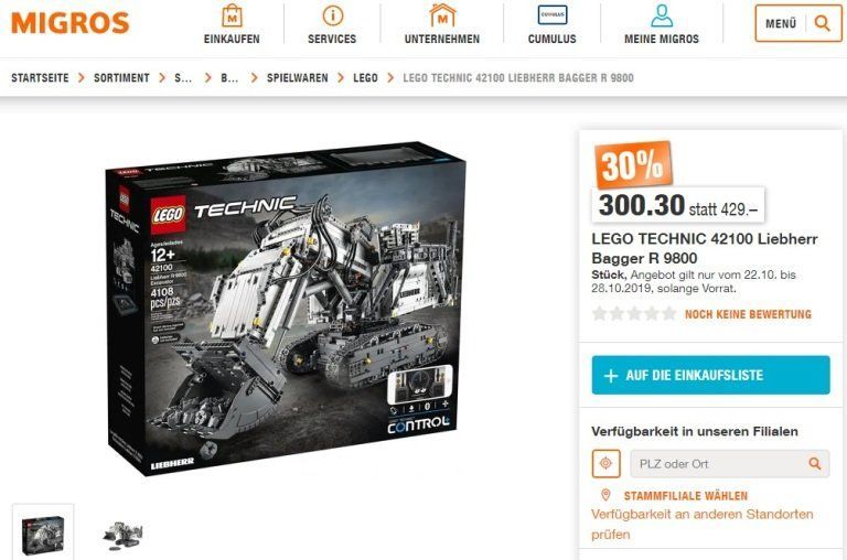 LEGO Technic 42100 Liebherr Bagger für 273 Euro bei Migros (Schweiz)