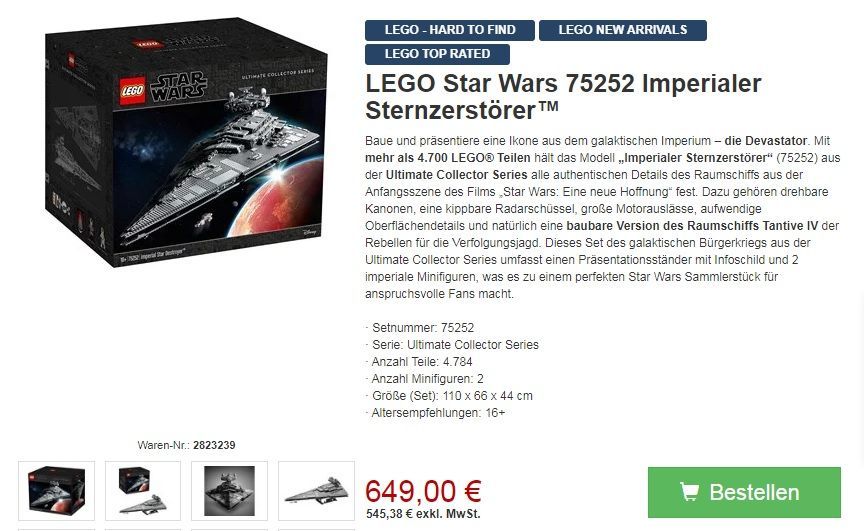 Proshop: LEGO 75252 Star Wars UCS ISD für 653,99 Euro