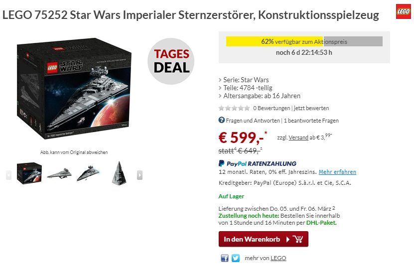 Alternate.de: LEGO 75252 Star Wars ISD für 602,99 Euro