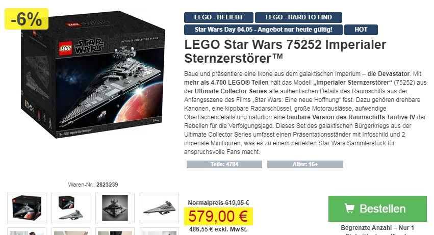 Proshop: LEGO Star Wars 75252 Imperial Star Destroyer für 579 Euro