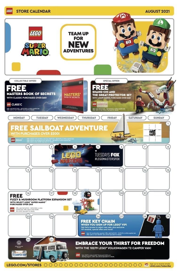 LEGO Store Kalender August 2021: 3 GWPs, Kombinationen möglich