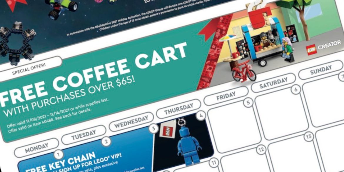 LEGO Store Kalender November 2021: LEGO 40488 Coffee Cart gratis, VIP Wochenende, Black Friday