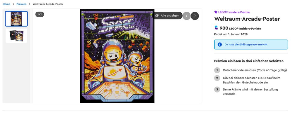 Weltraum-Arcade Poster als LEGO Insiders-Prämie.